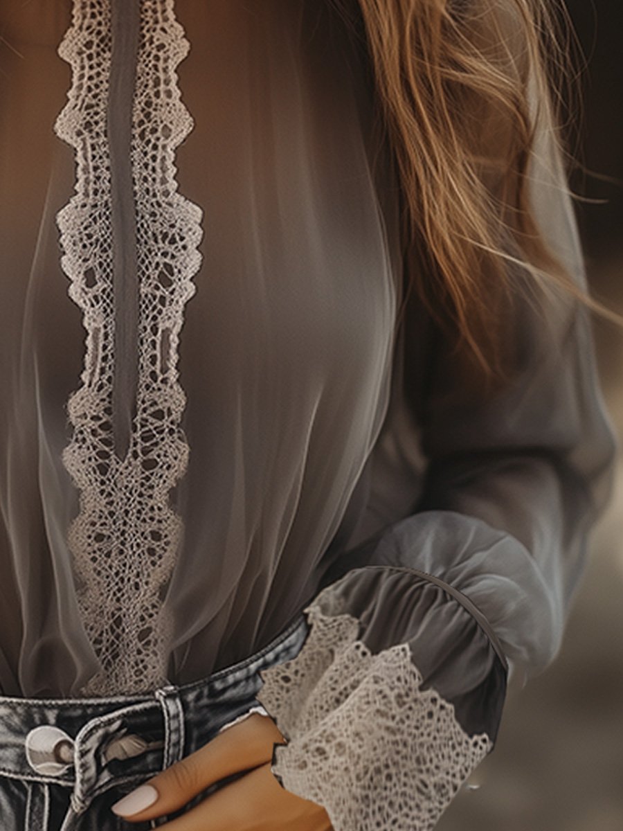 Vintage-Inspired Sheer Lace with Romantic Ruffles Blouse