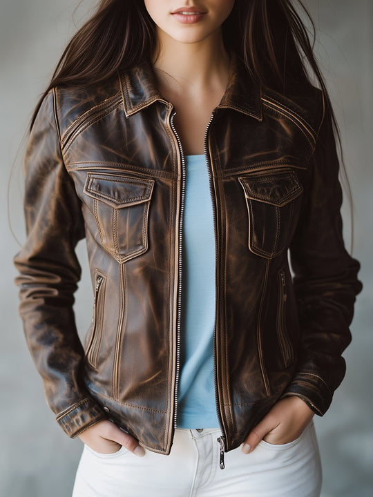 Retro Lapel Multiple Pockets Biker Leather Jacket