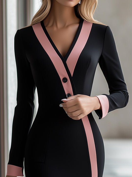 Contrast-Trim Long-Sleeve Bodycon Dress