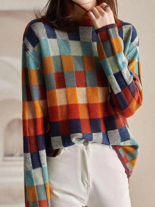 Colorful Checkerboard Wool Sweater with Turtleneck