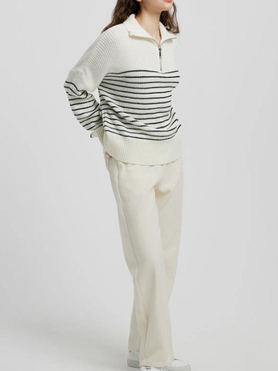 Turtleneck Striped Colorblock Long Sleeve Zipper Pullover Knit Sweater