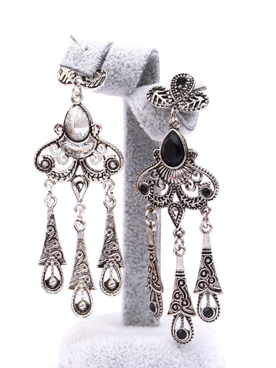 Retro Ethnic Style Hollow Leaf Gemstone Water Drop Tassel Earrings