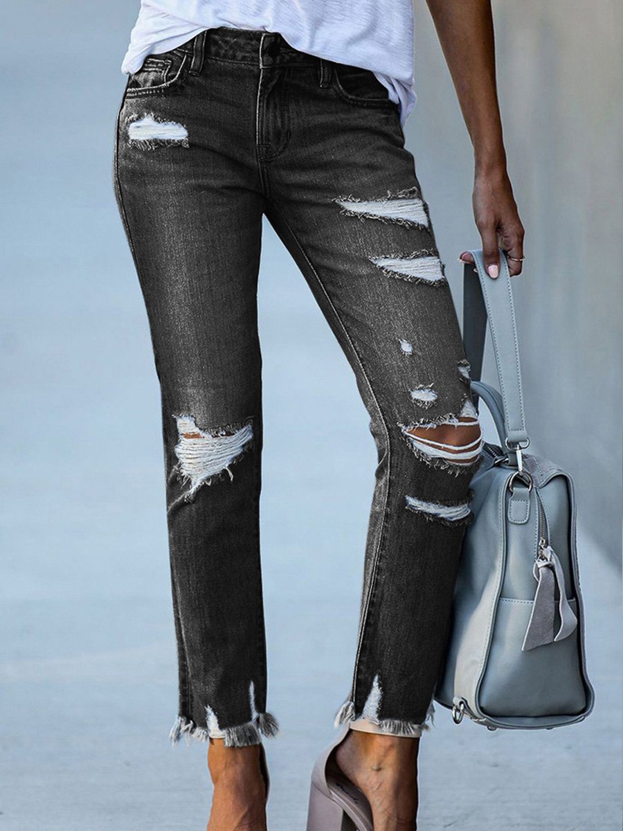 Washed Distressed Fringe Slim-fit High-stretch Jeans