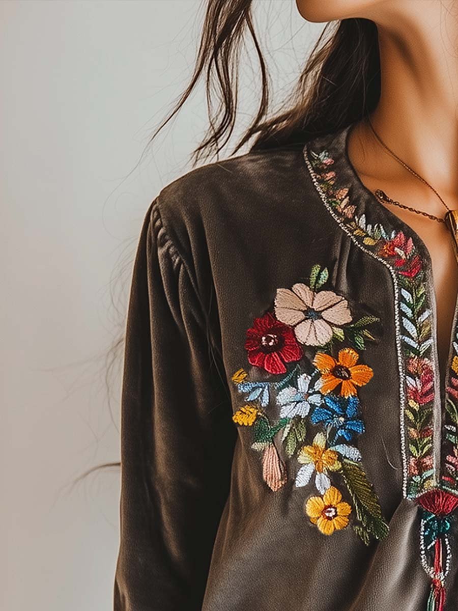 Women's Vintage Colorful Floral Embroidered Velvet Shirt