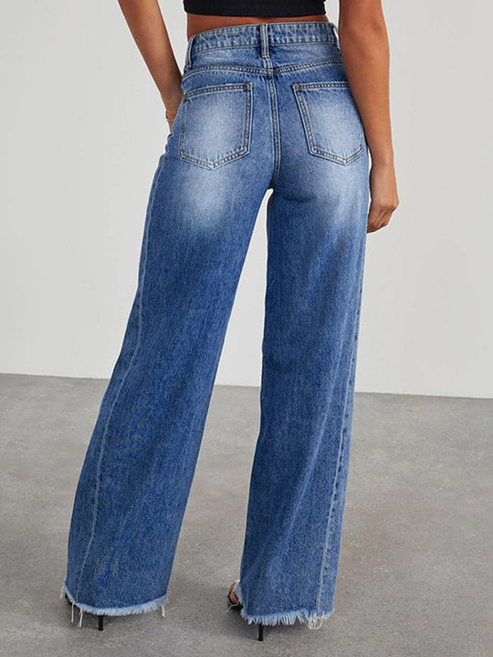 Casual Blue Stretch Denim Wide-leg Pants