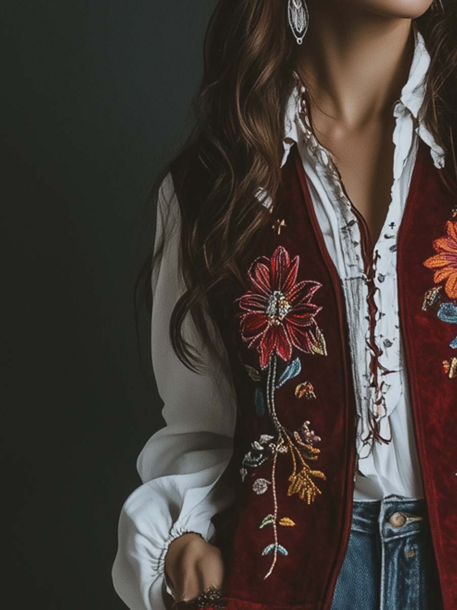 Women's Vintage Flower Embroidered Long Suede Vest