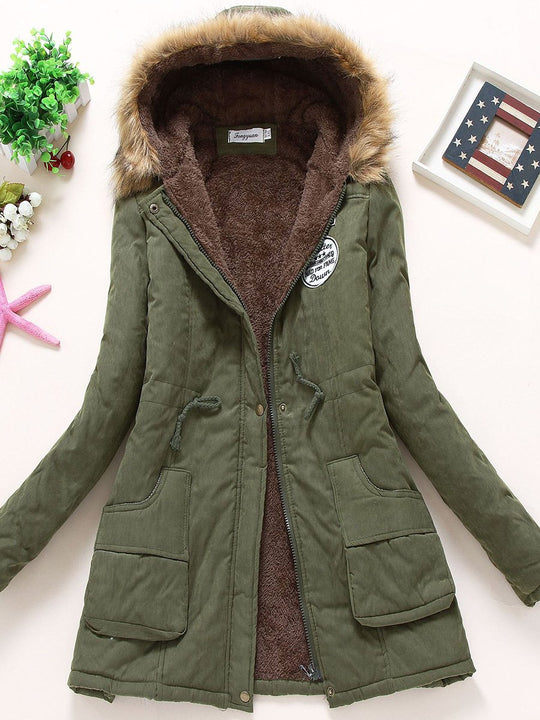 Casual Fur Collar Lambskin Plus Velvet Thickened Loose Mid-length Cotton Coat