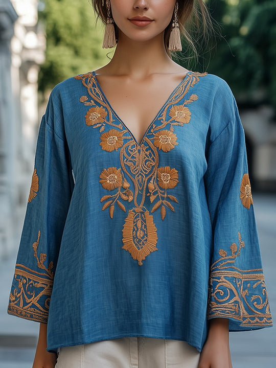 Boho Embroidered V-Neck Tunic Top