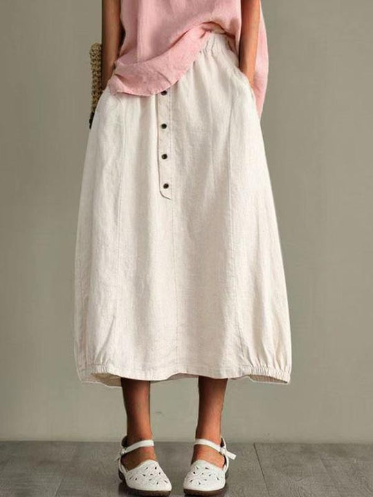 Cotton and Linen Elastic Waist Pocket Button Skirt