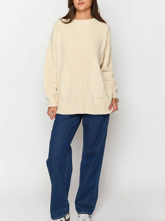 Round Neck Long Sleeve Twisted Rope Pullover Loose Sweater