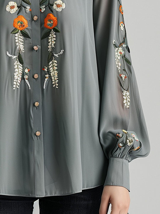 Floral Embroidered Commuter Long-sleeved Shirt