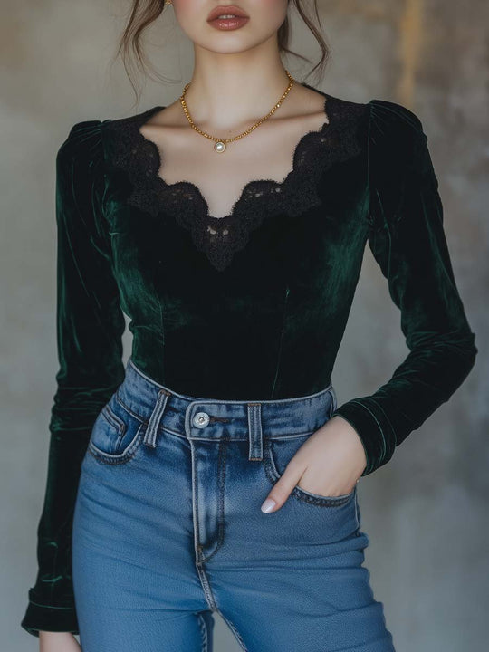 Women's Vintage Lace Trim Velvet T-Shirt