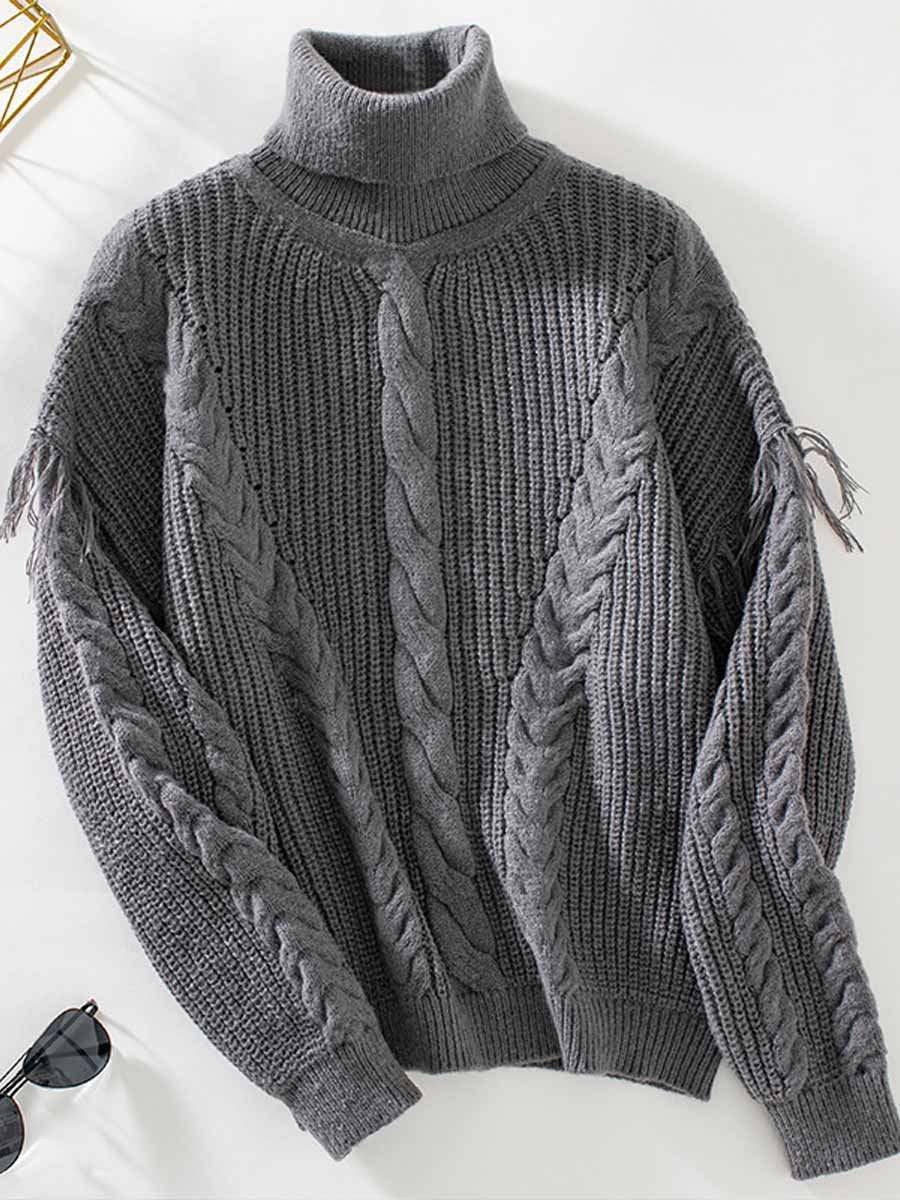 Fringed Cable Collar Long Sleeve Sweater