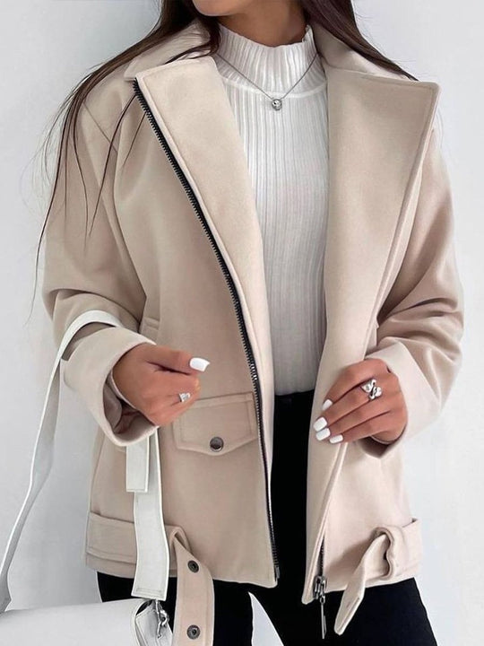 Belted Lapel Long-sleeved Woolen Coat