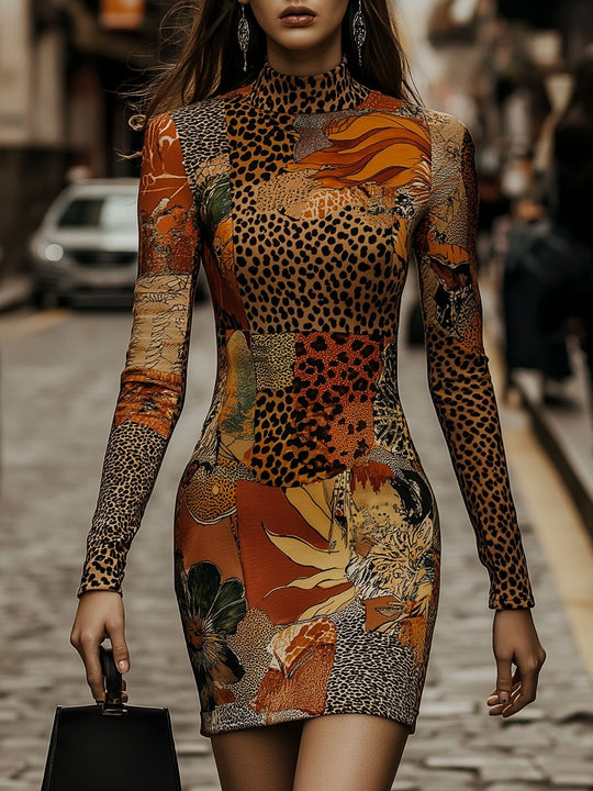 Chic Leopard-print Flower Pattern Patchwork Bodycon Dress