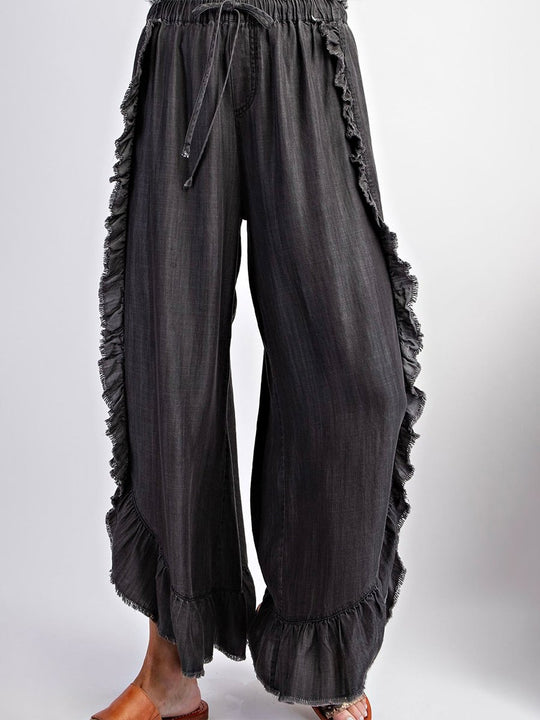 Boho Stone Wash Denim Ruffle Edge Flared Pants