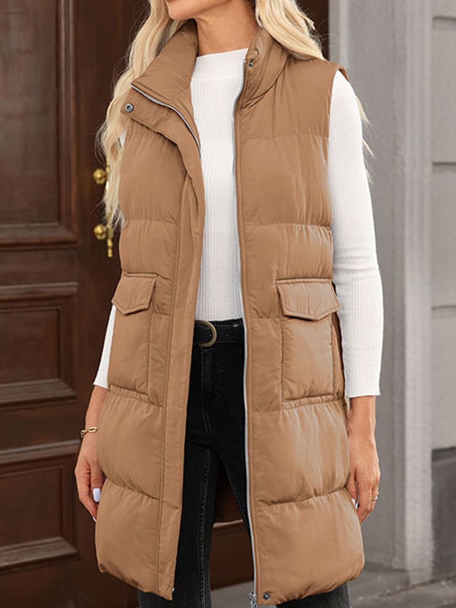 Casual Solid Color Zipper Sleeveless Long Vest