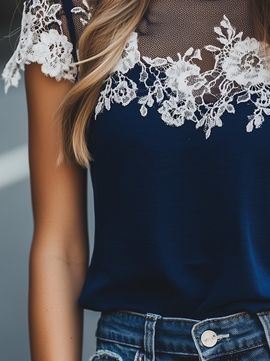 Elegant Navy Top with Sheer Lace Details