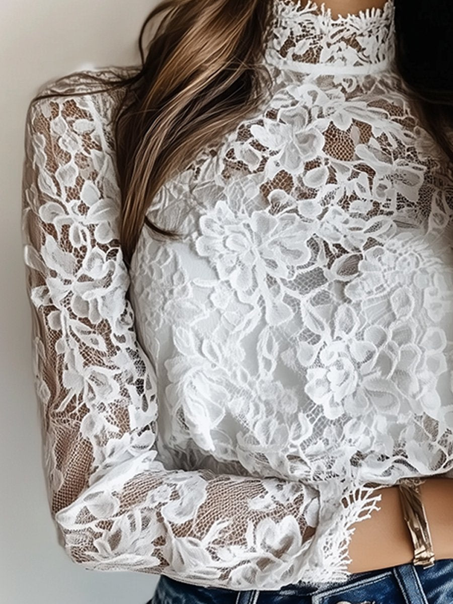 Elegant White Lace Blouse with High-Neck Design