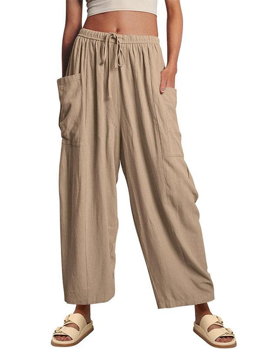 Elastic Waist Pleated Loose Casual Cotton and Linen High Waist Wide Leg Pants