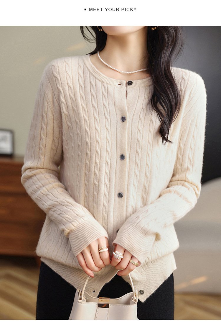 Fashion Round Neck Slim Fit Cable Knit Cardigan