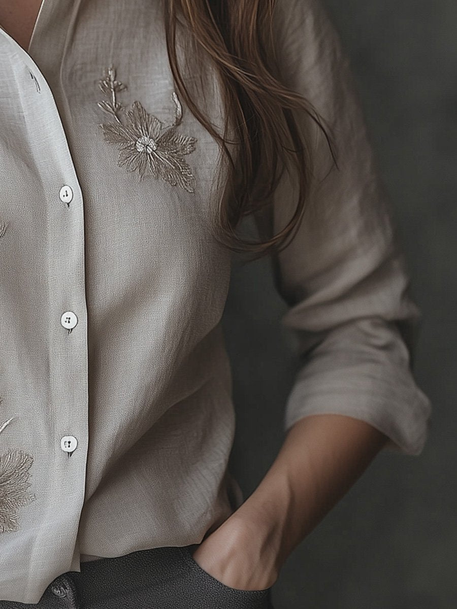 Casual Linen Embroidered Long Sleeve Shirt