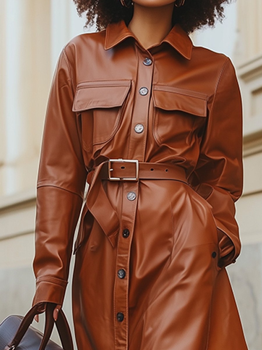 Brown Vintage Lapel Zipper Midi Leather Dress