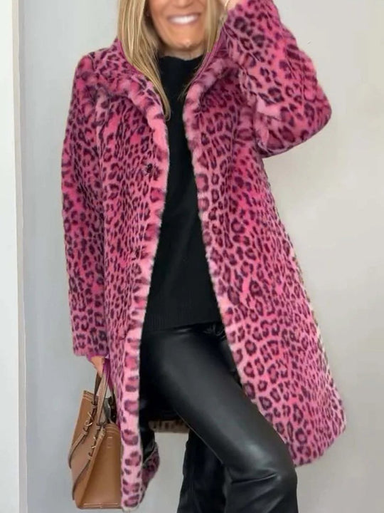 Fashionable Leopard Print Plush Mid-length Coat