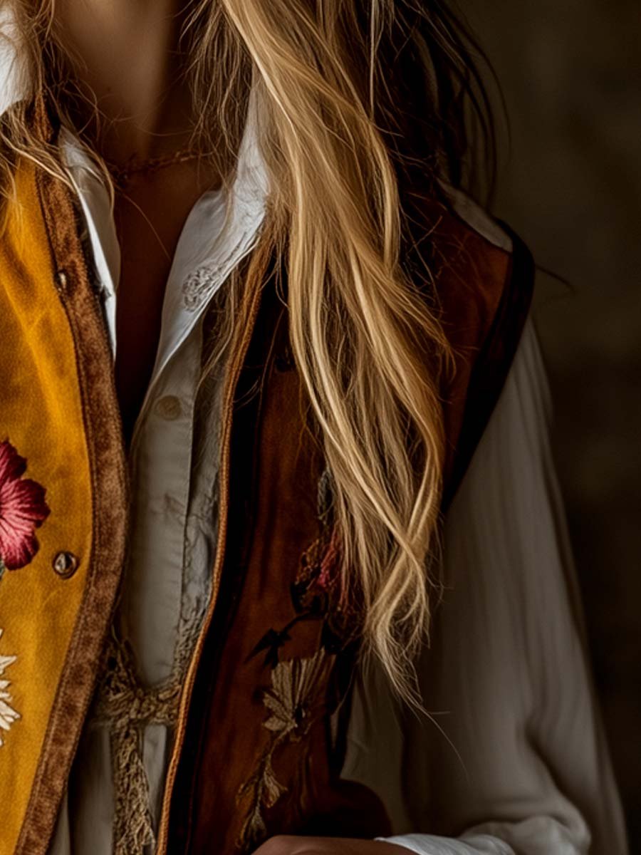 Women's Floral Embroidered Suede Vest