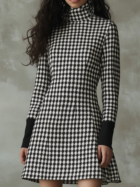 Retro Elegant High Neck Houndstooth A-line Dress