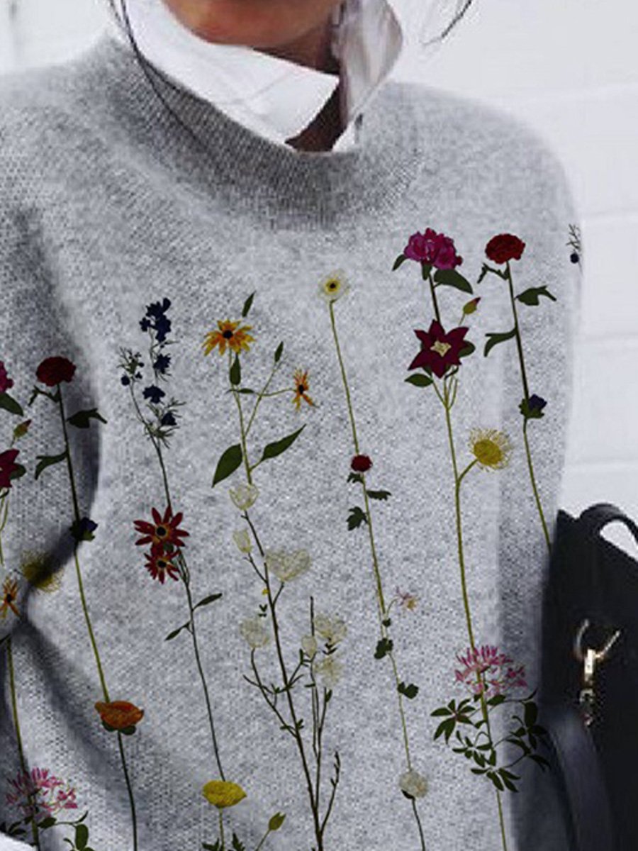 Fashionable Brushed Floral Loose Long Sleeve Top