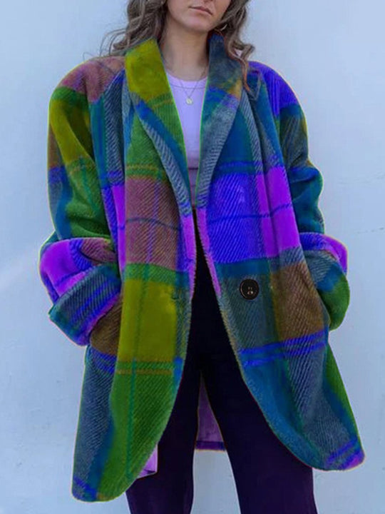 Fashion Lapel Color-blocked Printed Woolen Long Coat