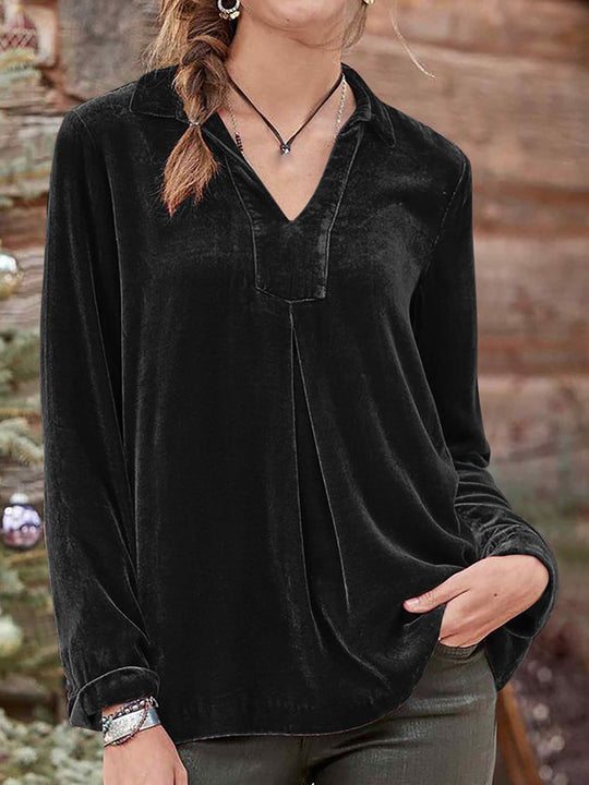 V-neck Casual Gold Velvet Long-sleeved Loose T-shirt