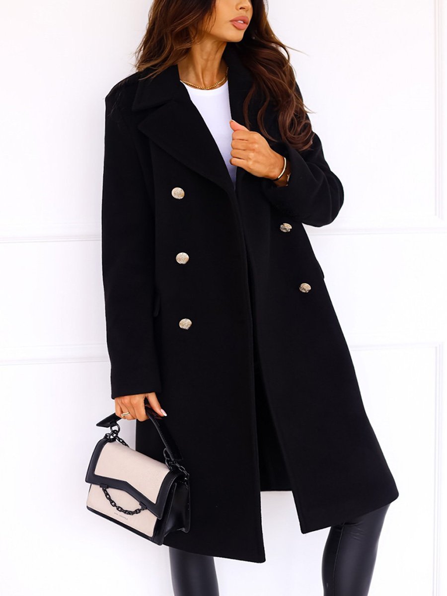 Lapel Double-breasted Simple Long-sleeved Woolen Coat