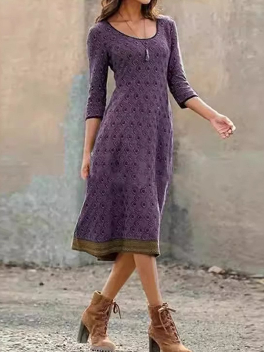 Retro Round Neck Bohemian Style Slim Midi Dress