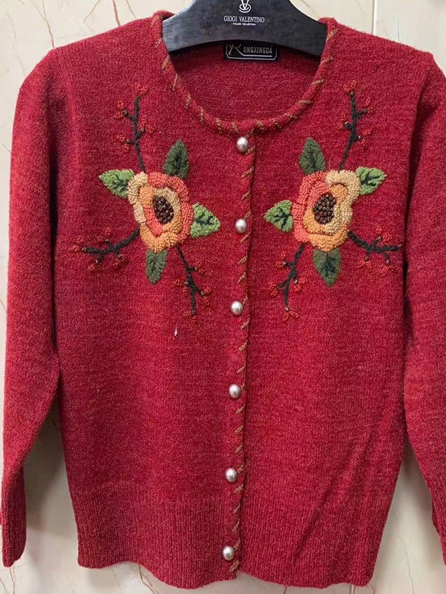 Vintage Hand Embroidered Wool Long Sleeve Cardigan