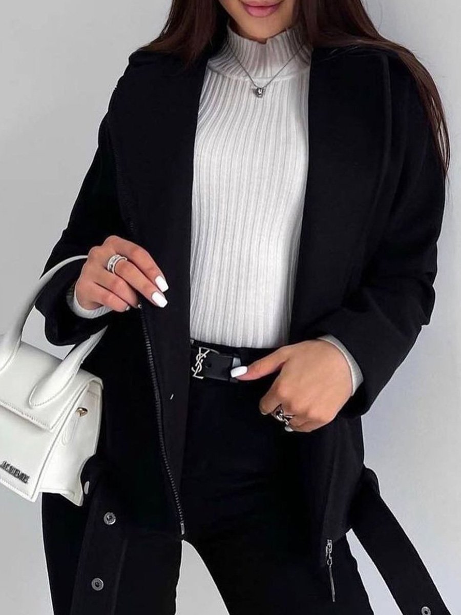 Belted Lapel Long-sleeved Woolen Coat