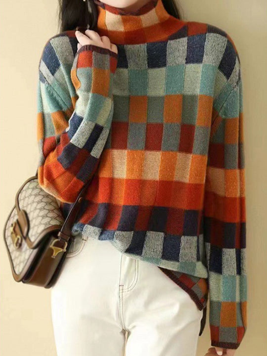 Colorful Checkerboard Wool Sweater with Turtleneck