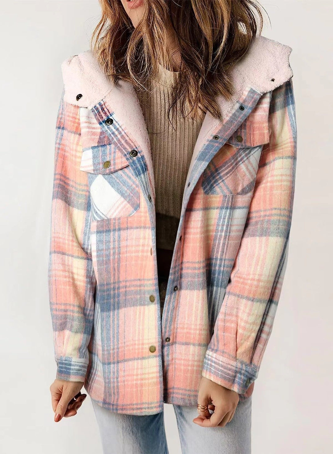 Retro Plaid Woolen Lamb Fleece Lined Thickened Hoodie Jacket