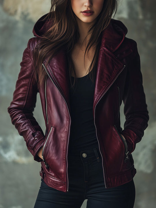 Chic Retro Loose Hooded Zipper Leather Jacket