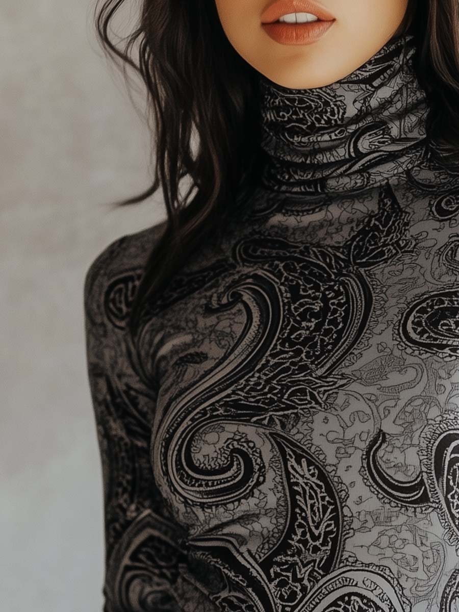 Women's Vintage Paisley Turtleneck Long Sleeves T-Shirt