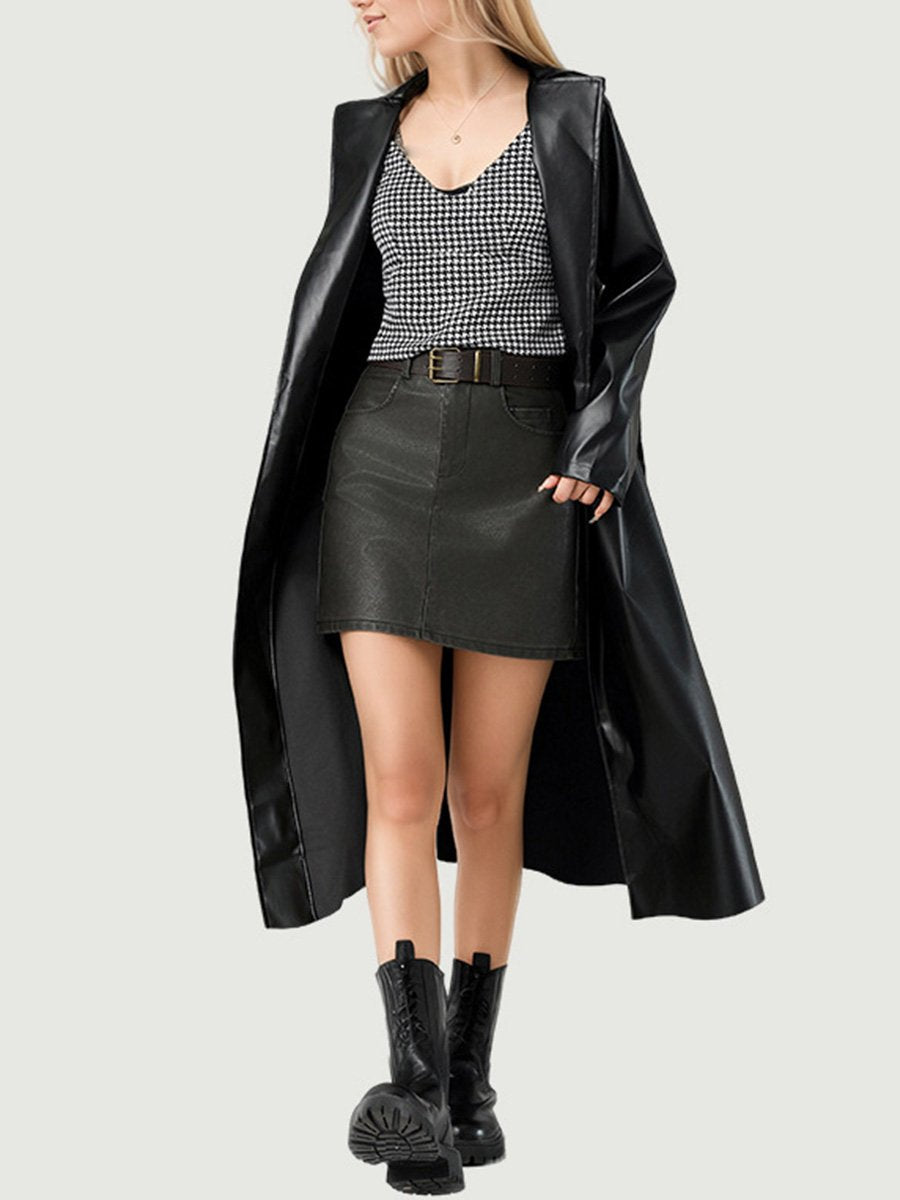 Fashionable Black Waisted and Long Leather Trench Coat