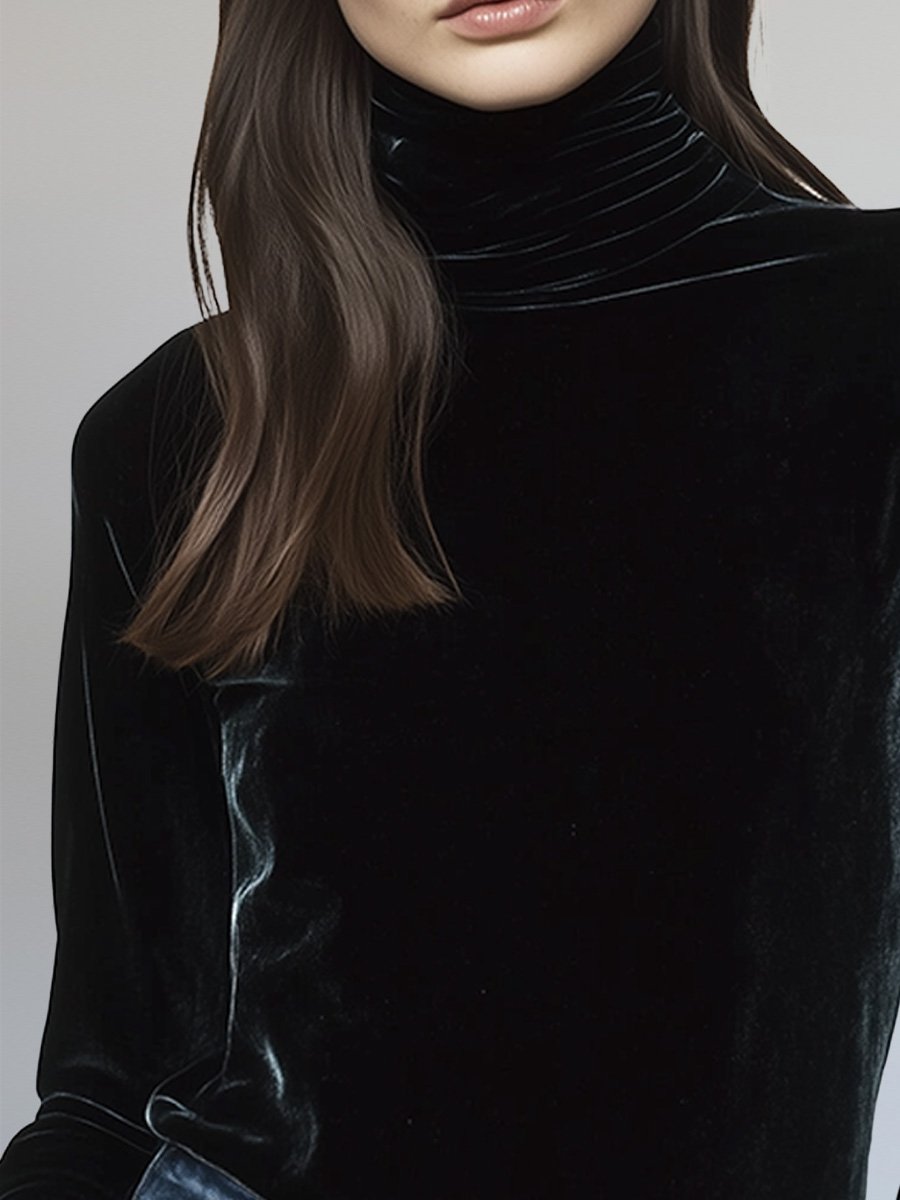 Classic Black Vintage Velvet Turtleneck Shirt