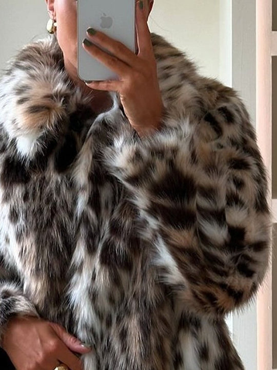 Fashion Leopard Print Lapel Faux Fur Coat