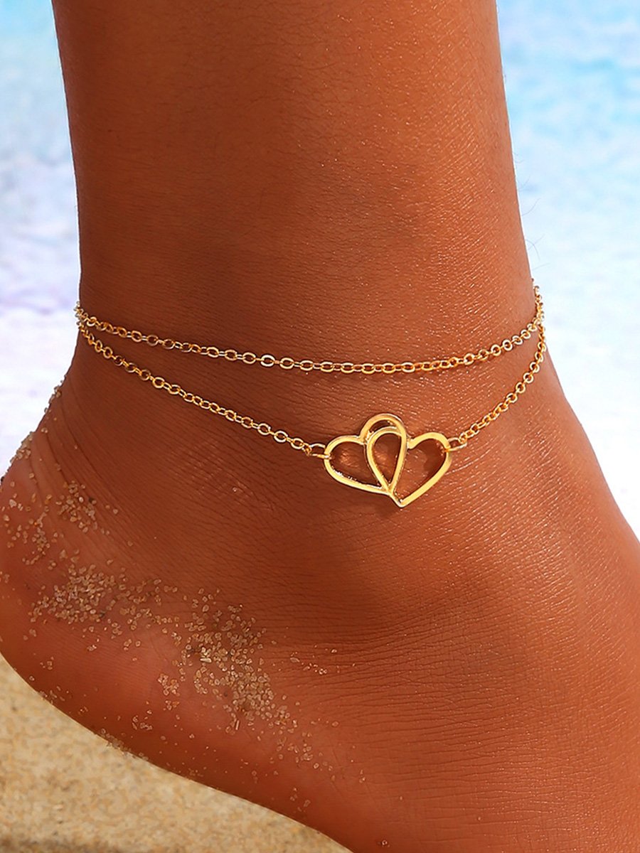 Retro Simple Round Bead Double Layer Love Heart Anklet