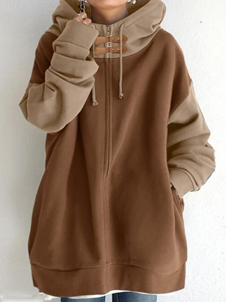 Casual Loose Patchwork Hooded Zipper Long Sleeve Sweatshirt