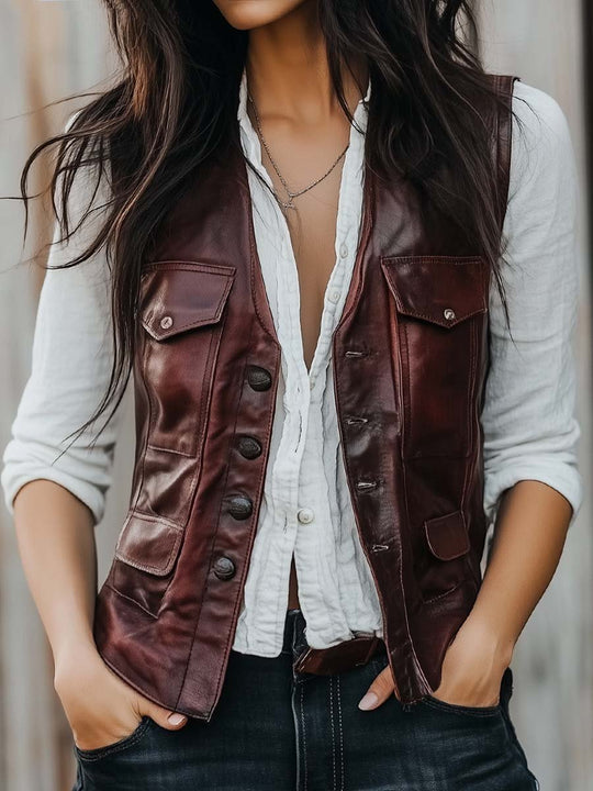 Women's Vintage Burgundy Multi-Pocket Leather Waistcoat