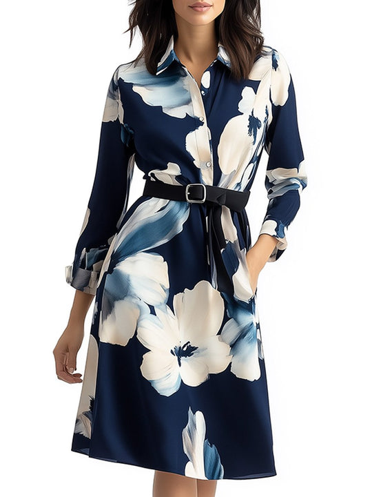 Fashion V-neck Blue Printed Waisted Mid-length Dress