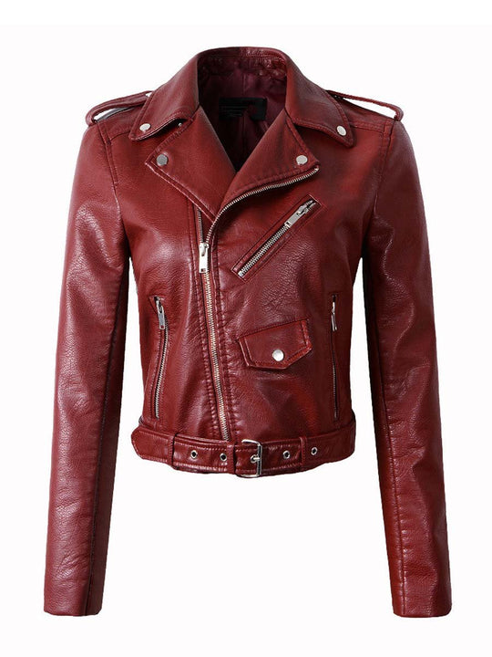 Women's Vintage Washed Diagonal Zipper Leather Biker Jacket