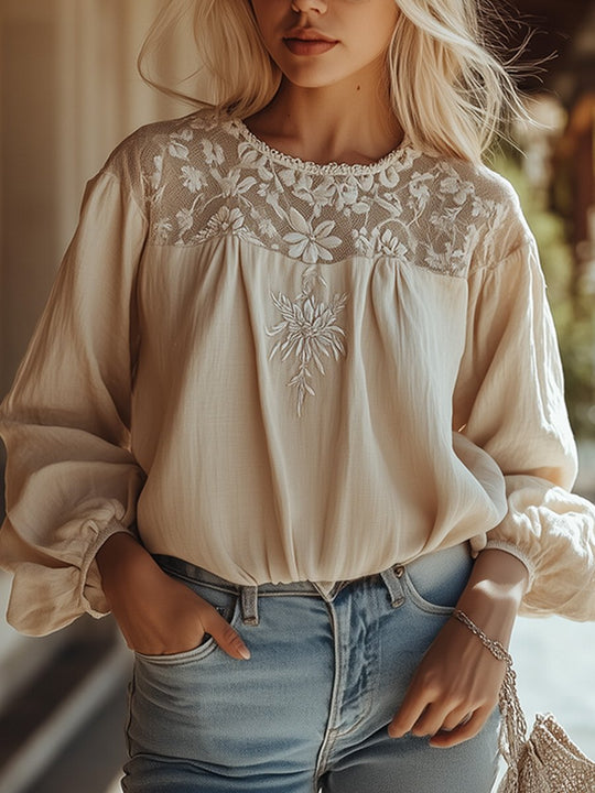 Romantic Lace Embroidery Lantern Sleeve Cotton and Linen Shirt